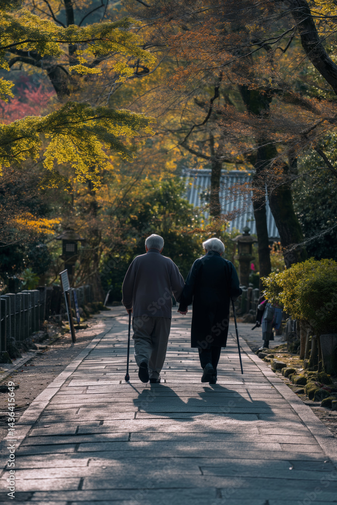 Naklejka premium Elderly couple holding hands walking on stone path in autumn park. Love and longevity concept.