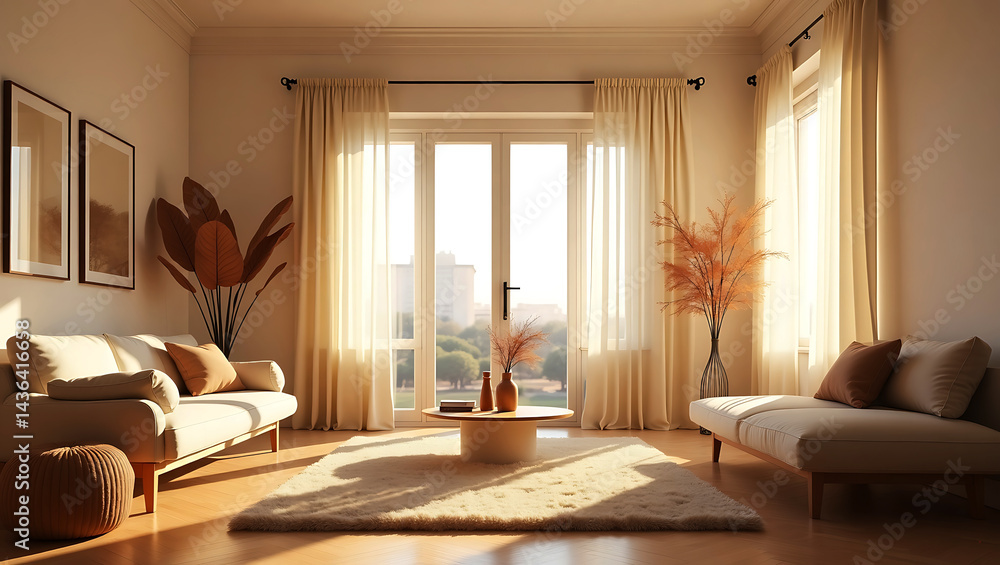 Fototapeta premium modern living room wall interior design and scandinavian home interior cozy sofa mid century furniture