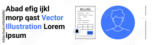 Billing invoice with payment reminder notification, user profile icon, and text space. Ideal for payment apps, invoicing systems, finance tools, customer interaction, business workflows, account