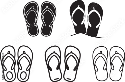 Flip-flops Collection of  Silhouette outline vector on transparent background.