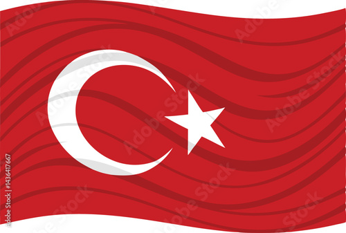 Waving Turkish flag with vibrant red and white crescent star in realistic 3D design