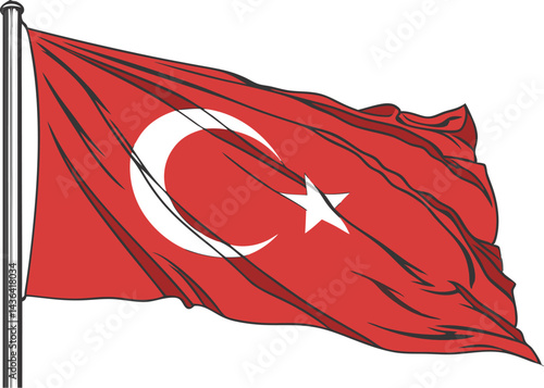 Waving Turkish flag with vibrant red and white crescent star in realistic 3D design