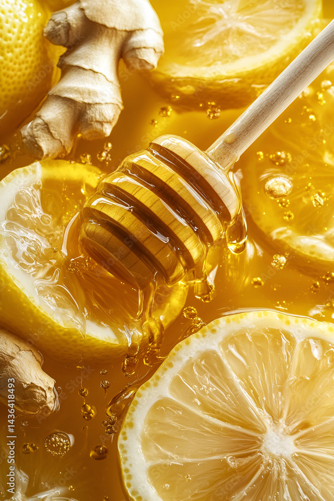 Fresh lemon slices with honey and ginger in vibrant yellow liquid creating a refreshing and healthy drink concept Fresh lemon slices with honey and ginger in vibrant yellow liquid creating a refreshing and healthy drink concept