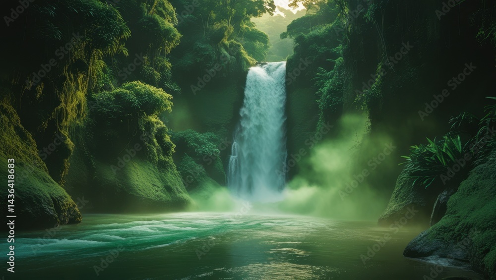 enchanting forest waterfall with lush green light illustration enchanting forest waterfall with lush green light illustration