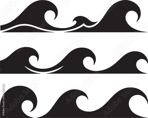 Collection of stylized ocean wave shapes Silhouette vector art on transparent background. Design template. Vector illustration.