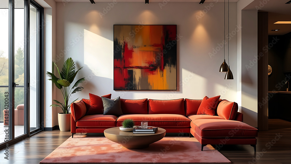 Fototapeta premium modern living room wall interior design and scandinavian home interior cozy sofa mid century furniture