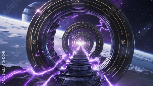 Fototapeta Naklejka Na Ścianę i Meble -  futuristic purple light illuminating space station close up