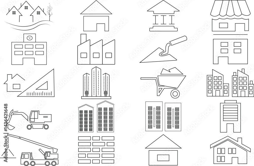 Fototapeta premium Corporate Asset and Value Growth Icon Set – Office Building, Wealth Indicators, Financial Trends Vector Illustration.
