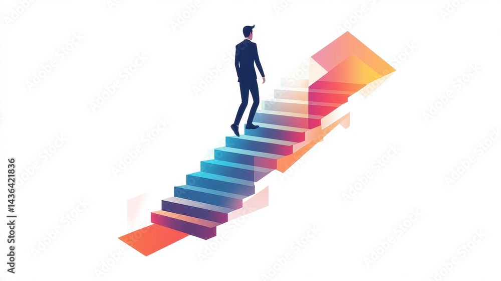 Businessman climbing stairs towards goal, business progress, abstract modern illustration, isolated on white background. Businessman climbing stairs towards goal, business progress, abstract modern illustration, isolated on white background.