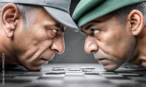 Portraits of Indian and Pakistani soldiers in uniform glaring at each other, symbolizing tense relations, territorial dispute and international confrontation between the two countries.