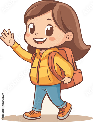 A happy cartoon girl with a backpack waves goodbye, ready for a day at school.