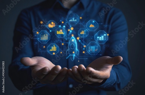 A person holding a digital rocket launch