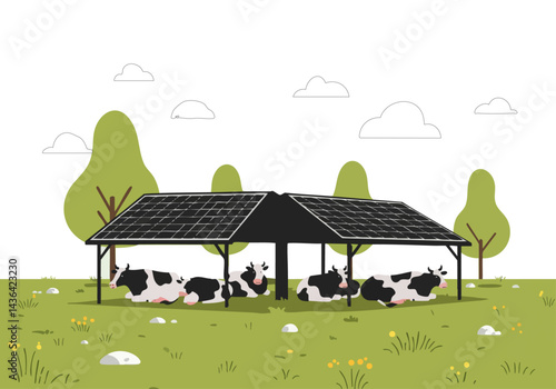 Cows rest comfortably under a solar panel shelter in a lush green field. A peaceful rural scene showcasing sustainable agriculture and renewable energy.
