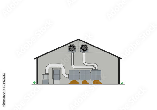 Diagram of a poultry farm ventilation system. Shows air intake, filtration, and exhaust fans within a barn structure. Ideal for agricultural and engineering concepts.