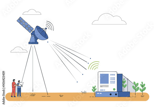 A man operates a satellite dish, beaming signals to devices across a landscape. Modern technology connects people and places. Clean, bright illustration.