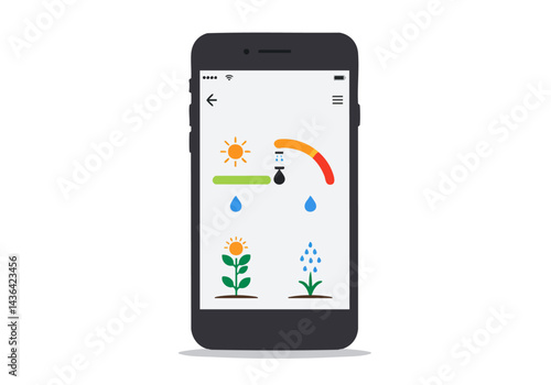 Mobile app interface displays sunlight, irrigation, and plant icons. Clean, modern design ideal for tech, gardening, or lifestyle concepts.