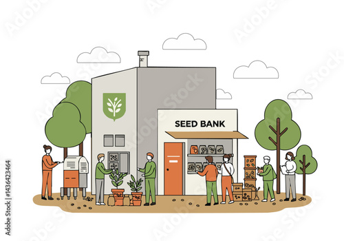 People visit seed bank browsing and collecting seeds A modern building with trees and a bright sky creates a welcoming sustainable scene Ideal for agriculture gardening and eco-friendly concepts