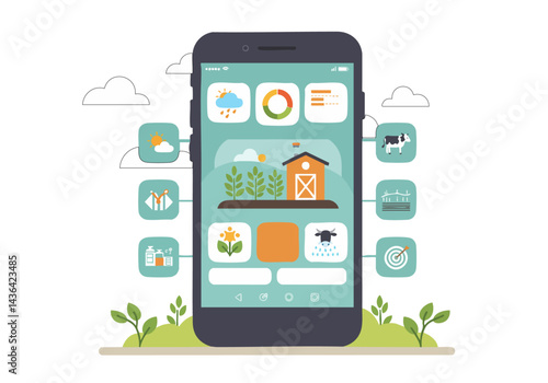 A mobile app interface showcases farming tools, livestock, weather, and data. Clean, modern design ideal for illustrating agriculture technology and rural lifestyle concepts.