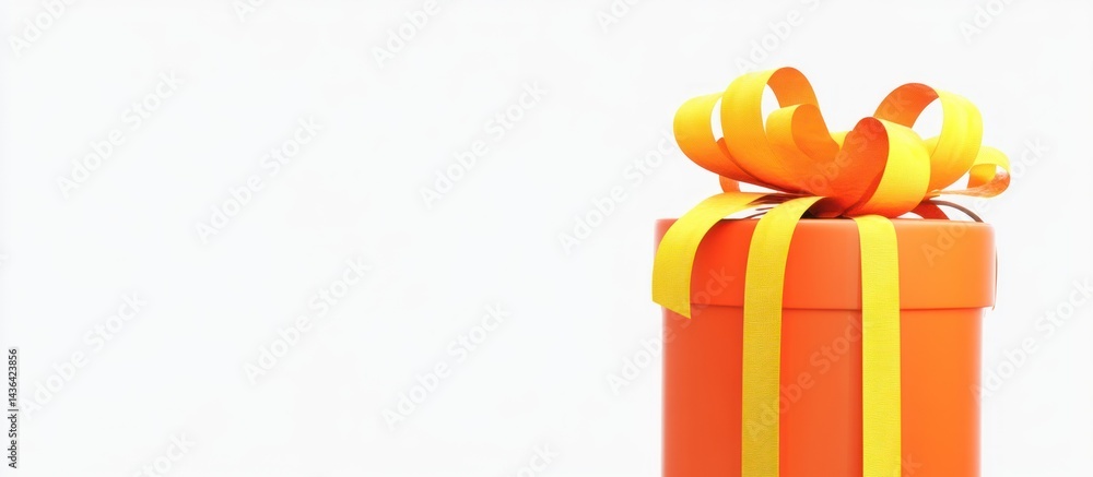 Celebratory vibrant orange gift box adorned with yellow ribbon on neutral background