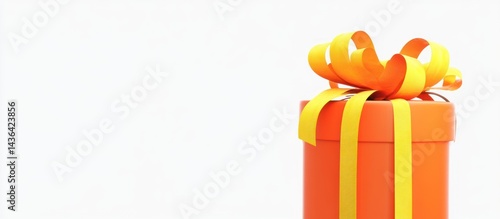 Obraz na płótnie Celebratory vibrant orange gift box adorned with yellow ribbon on neutral background w salonie