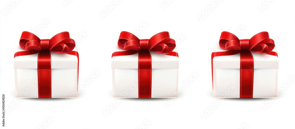 Festive trio of white gift boxes adorned with vibrant red satin ribbons