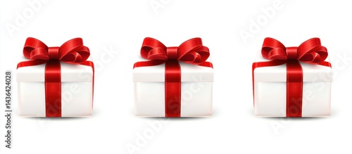 Obraz na płótnie Festive trio of white gift boxes adorned with vibrant red satin ribbons w salonie