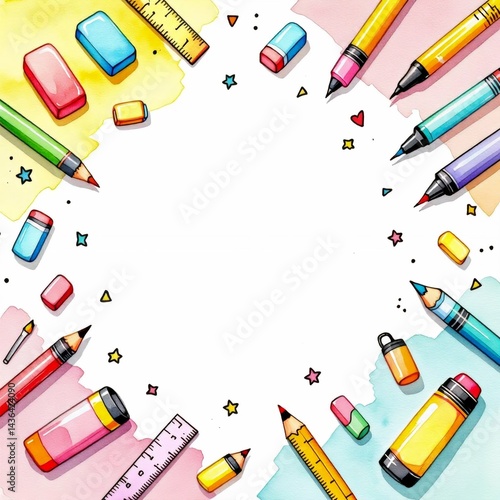 circular frame various school related items such pencils erasers rulers erasers background light blue color small yellow stars scattered throughout items arranged way form border around center frame