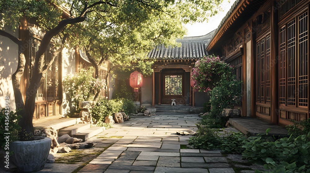 Fototapeta premium Exquisite pagoda with multi-tiered roofs in a vibrant garden high resolution picture