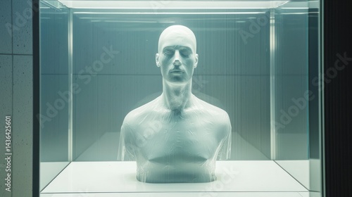 A mannequin encased in a glass box, representing isolation.