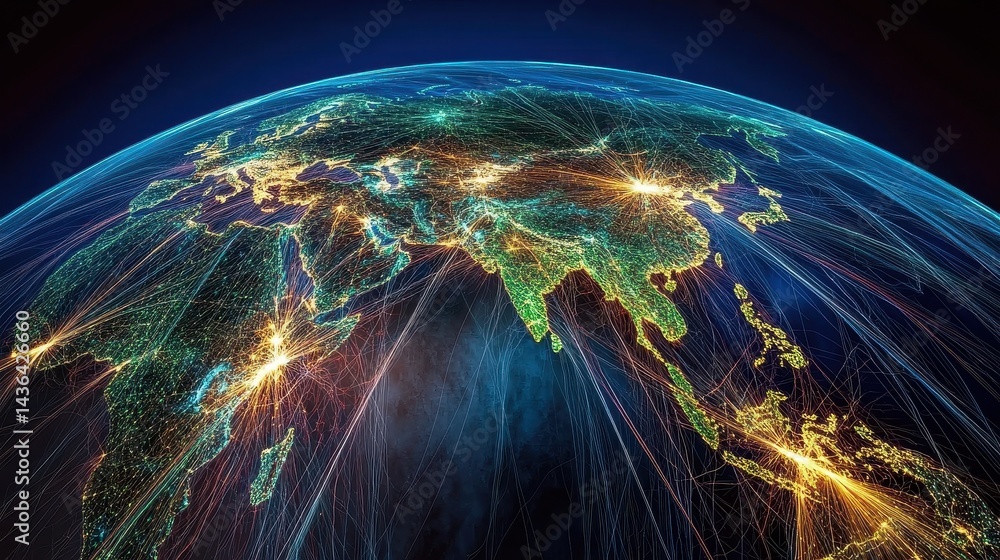 Digital globe with connected trade routes, global network, world trade. Digital globe with connected trade routes, global network, world trade.