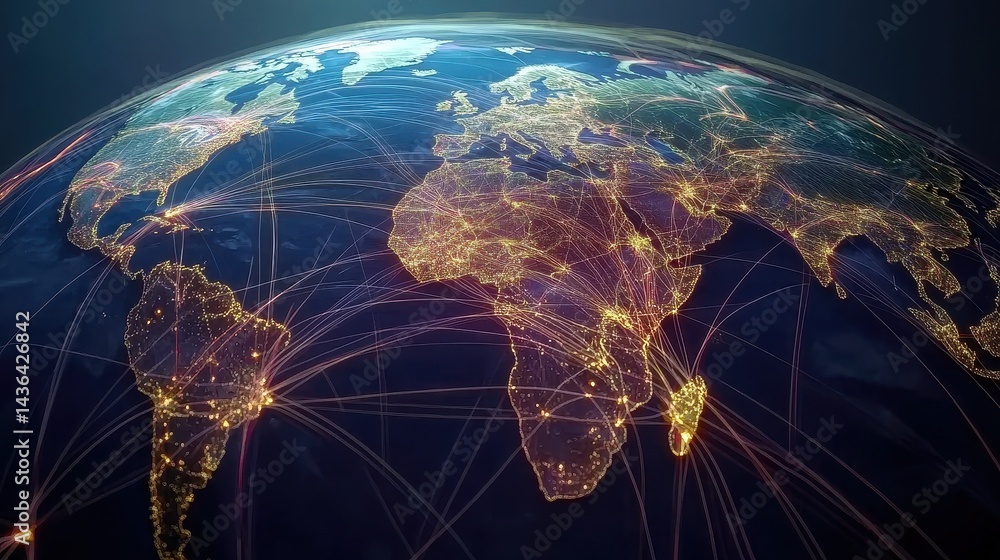Digital globe with connected trade routes, global network, world trade. 