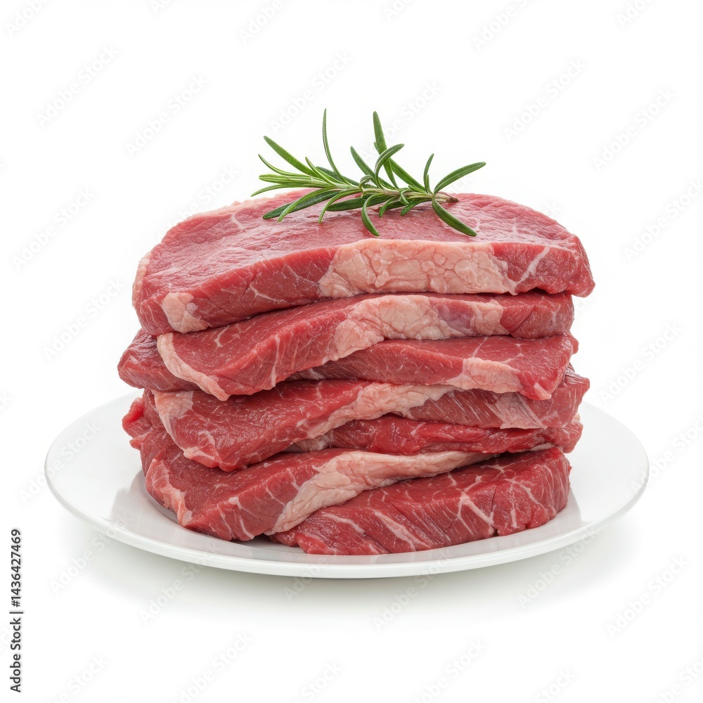 Stack of raw beef steaks on a white plate garnished with fresh rosemary sprigs on a white background Stack of raw beef steaks on a white plate garnished with fresh rosemary sprigs on a white background