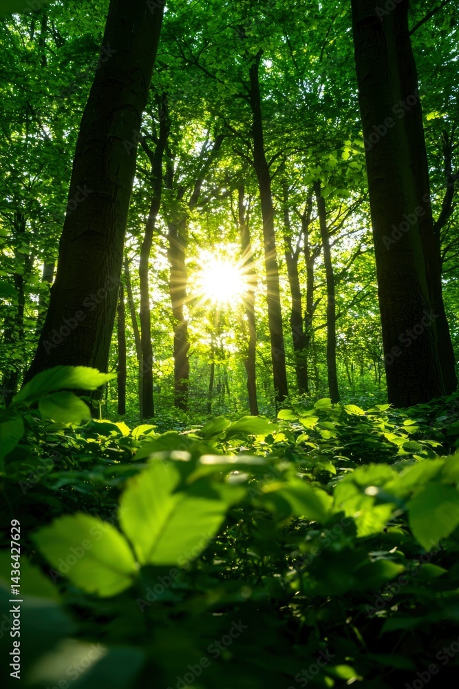 Fototapeta premium Sunlight filtering through forest canopy (1)