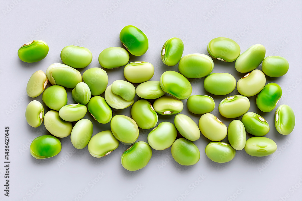 Fresh green broad beans scattered on a light gray background Fresh green broad beans scattered on a light gray background