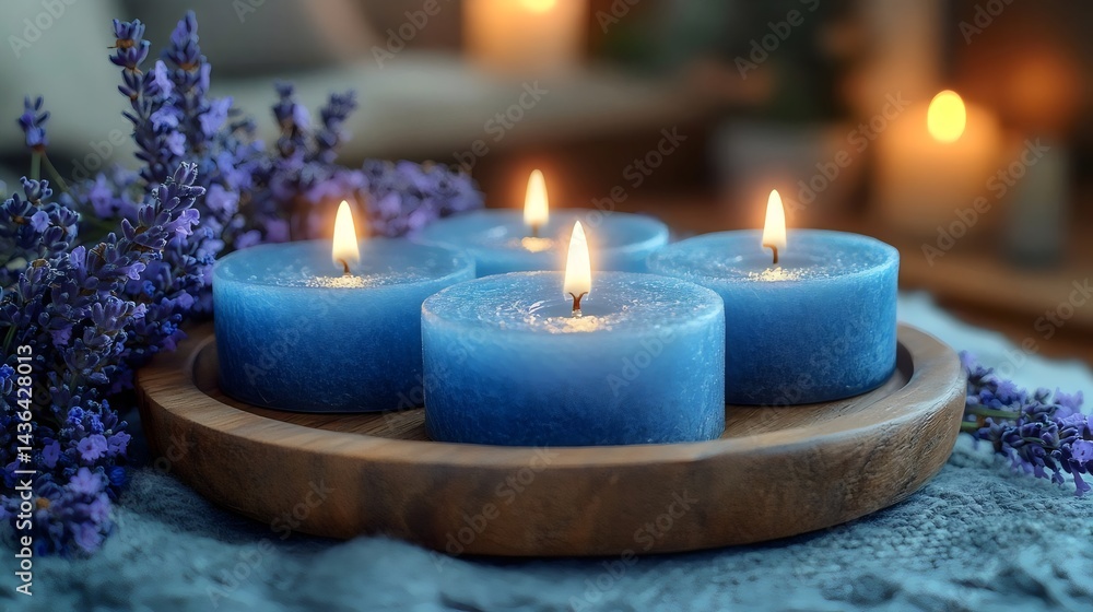 Four lit blue candles with lavender on a wooden tray, evoking a sense of peace and tranquility. Four lit blue candles with lavender on a wooden tray, evoking a sense of peace and tranquility.