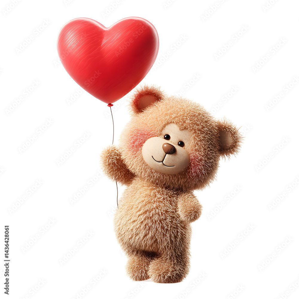 Obraz premium Adorable teddy bear holding a red heart-shaped balloon.