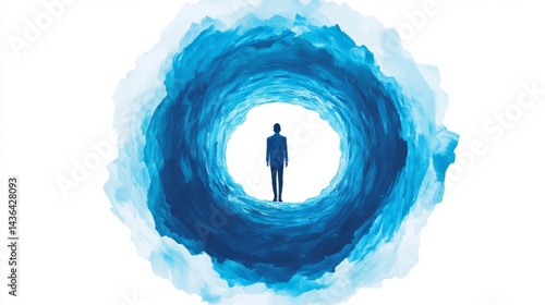 A solitary figure stands in a circular blue expanse, representing introspection and emotional tranquility.