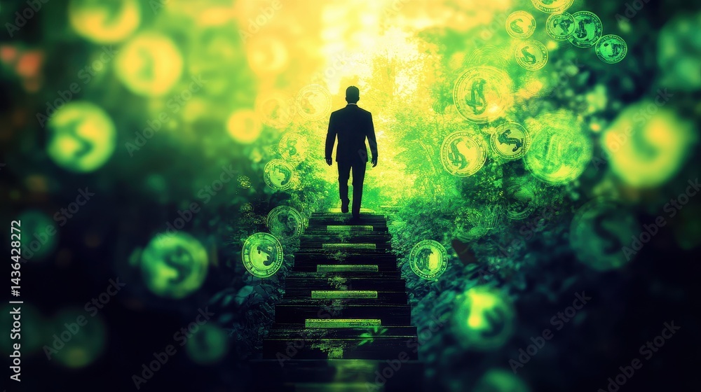 Fototapeta premium Investment progress concept, ascending step chart with dollar signs, blurred businessman in background, financial strategy and wealth building, stock photo with copy space.