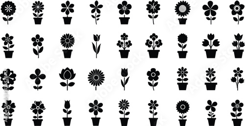 Black flower vector set feature abstract floral design silhouettes, and geometric patterns.