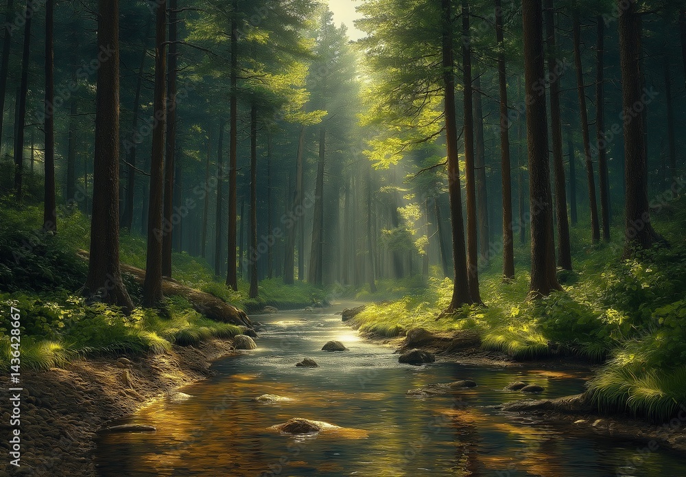 Fototapeta premium Sunlight streaming through foliage in a forest with tall trees and a winding river.