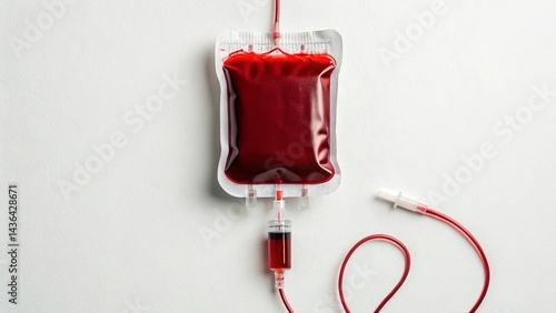Medical blood donation bag filled with red blood lying on white background with visible tube. Concept of medical emergency, health support, and donation awareness