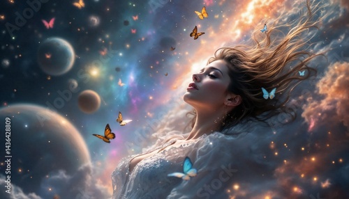 Dreamlike Embrace: A ethereal portrait of a woman immersed in a surreal cosmic landscape, floating amidst celestial bodies, with butterflies fluttering around her, creating an enchanting ambiance.