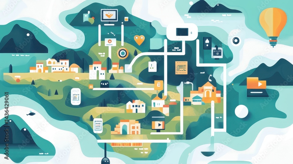 Network flat design top view theme information technology water color vivid.