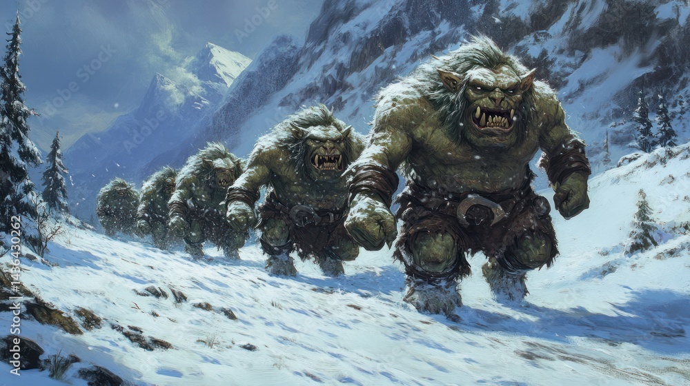 Menacing horde of trolls advancing through snowy mountains in winter setting