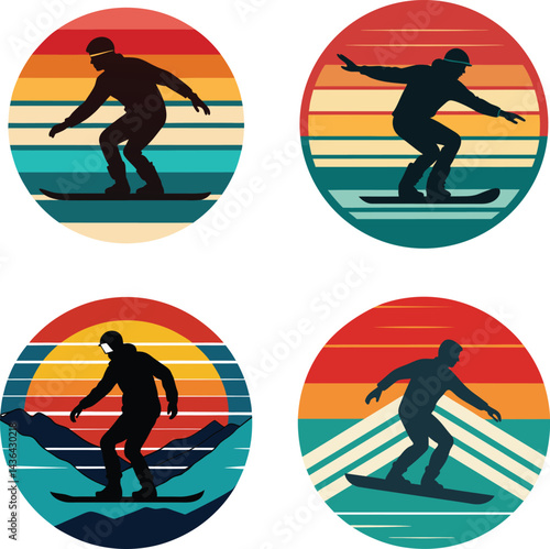 Snowboarder Silhouette on Retro Vintage Background Vector Art Illustration T Shirt Design Art