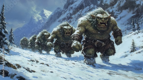 Obraz na płótnie Menacing horde of trolls advancing through snowy mountains in winter setting w salonie