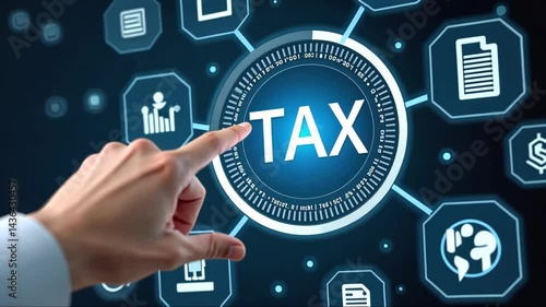 Hand is pointing to the word tax on a screen. Concept of paying taxes and the importance of doing so