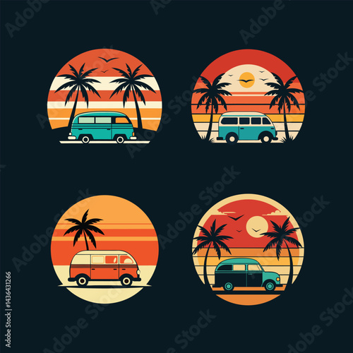 Vintage Van Palm Trees Silhouette Sunset Beach Scene Surfer with Surfboard Circular Logo Silhouette on Retro Vintage Background Vector Art Illustration T Shirt Design Art
