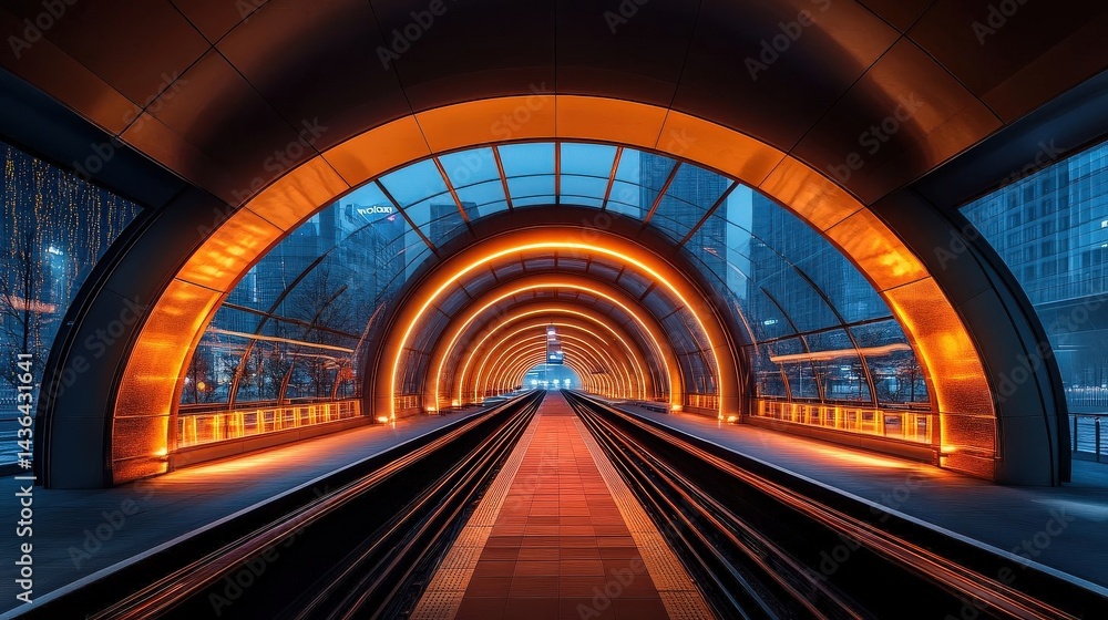 Fototapeta premium Illuminated subway tunnel with orange and blue lights, featuring symmetrical architecture and high-speed rail tracks. Abstract background enhances futuristic, vibrant atmosphere.
