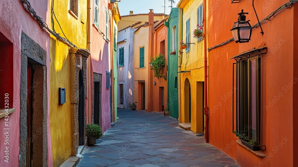 Naklejka premium Attractive morning panorama of colourful houses of old town Bosa in Sardinia. -